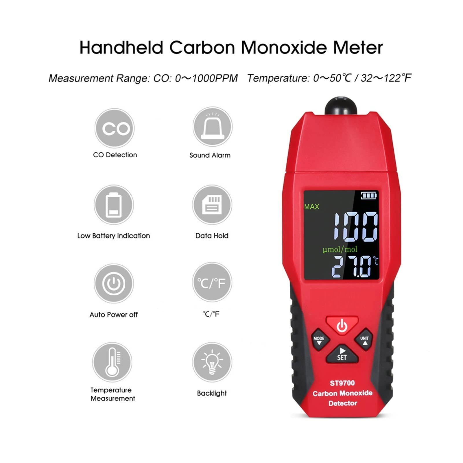 probador de calidad del aire, 2 en 1 CO Detector de gas medidor de temperatura Monóxido de carbono analizador de calidad de aire Monitor de control de gas Analizadores de fugas de gas Lcd Pantalla a c