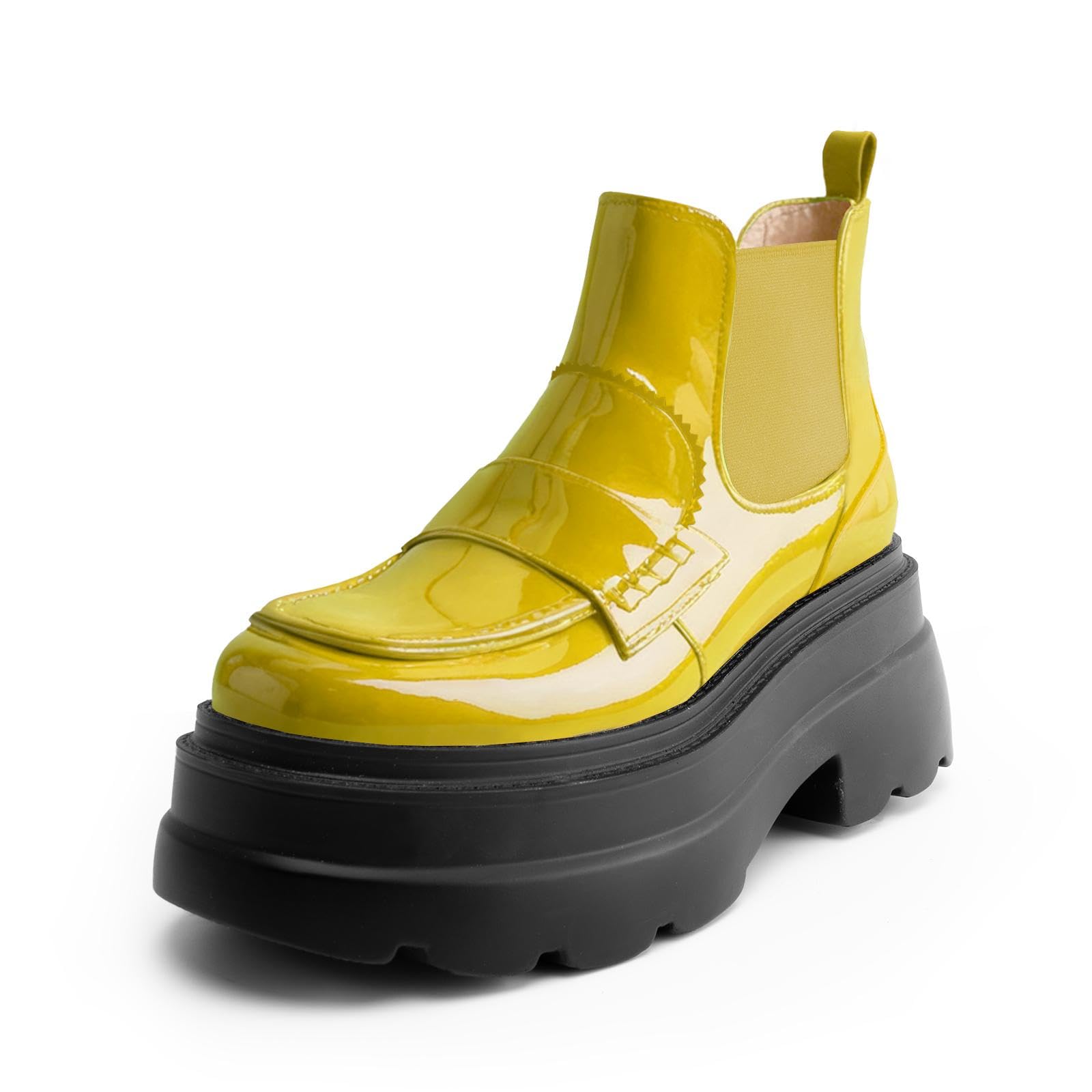 Platform Ankle Boots for Women Chelsea Boots Round Toe Chunky Heel Slip on Lug Sole Short Boots Yellow 7