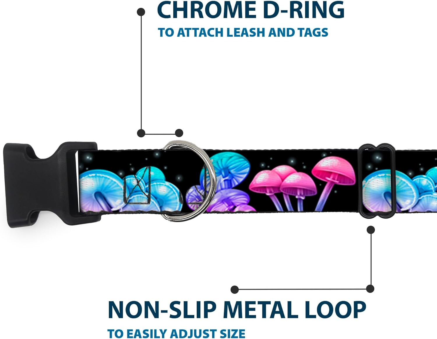 Buckle-Down Dog Collar with Plastic Clip, Quick Release, Easy Adjustable, Mushroom Glow, 13 to 17 Inches 1.5 Inch Wide