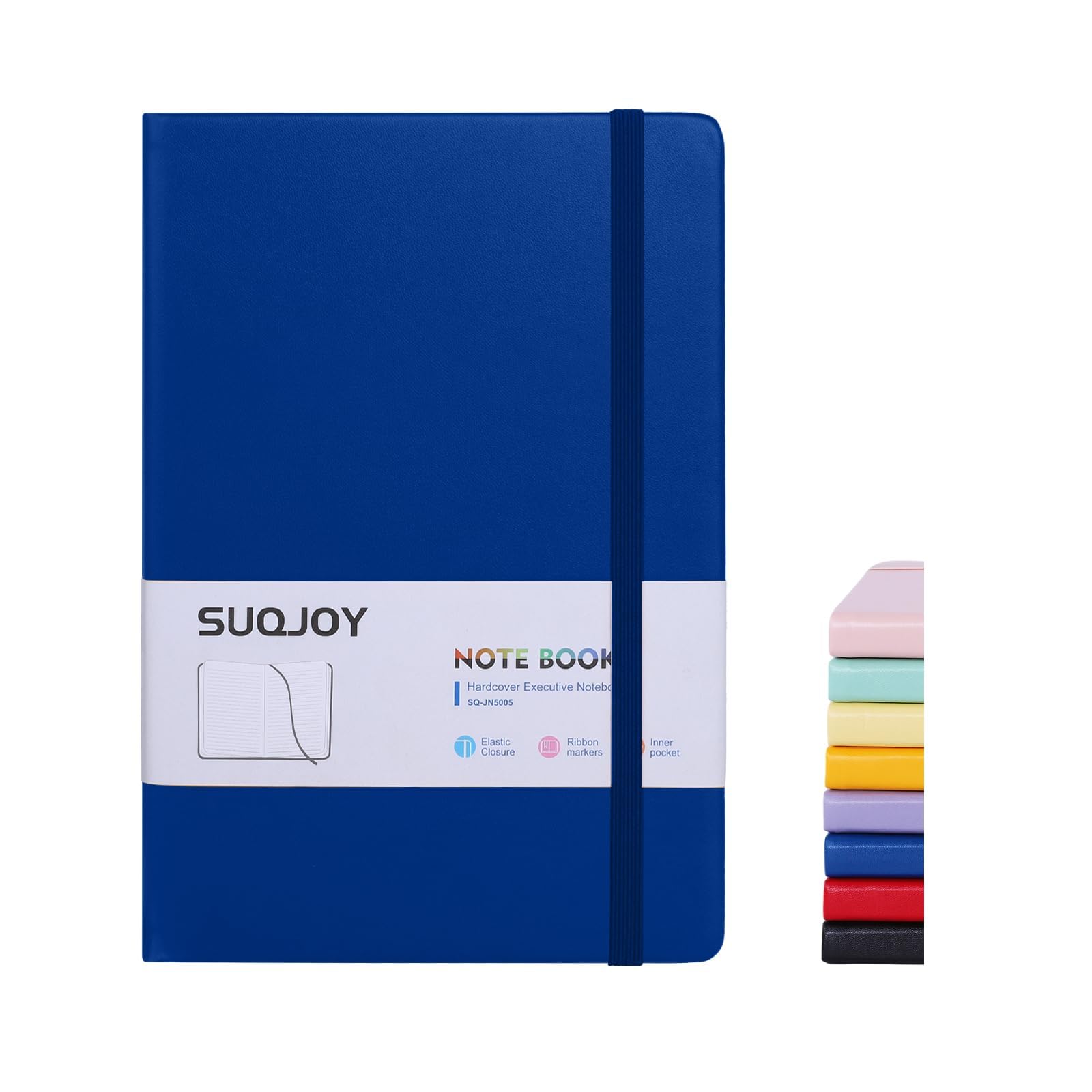 SUQJOY A5 Notebook, Blue Hardback Lined Journal Notebook, 1 Pack, 160 Pages, 100gsm Thick Ruled Paper, Elastic Closure, 140 x 210 mm, for Work Office Study and Meeting Notes