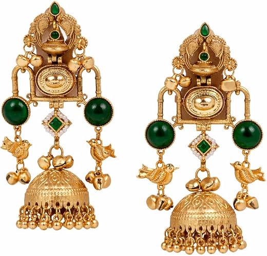 Holy Admire traditional gold Kashmiri earrings jhumka with green stone temple design handcrafted bridal jewelry for weddin...