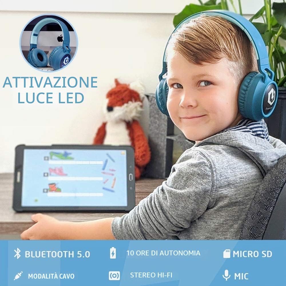PowerLocus Cuffie Bluetooth per Bambini, Cuffie Over-Ear Senza-Fili per Bambini, Limitatore audio a 85 dB, con LED, Pieghevole, Con Microfono, Micro SD, Sacchetto da Trasporto per Viaggio/Telefono/PC