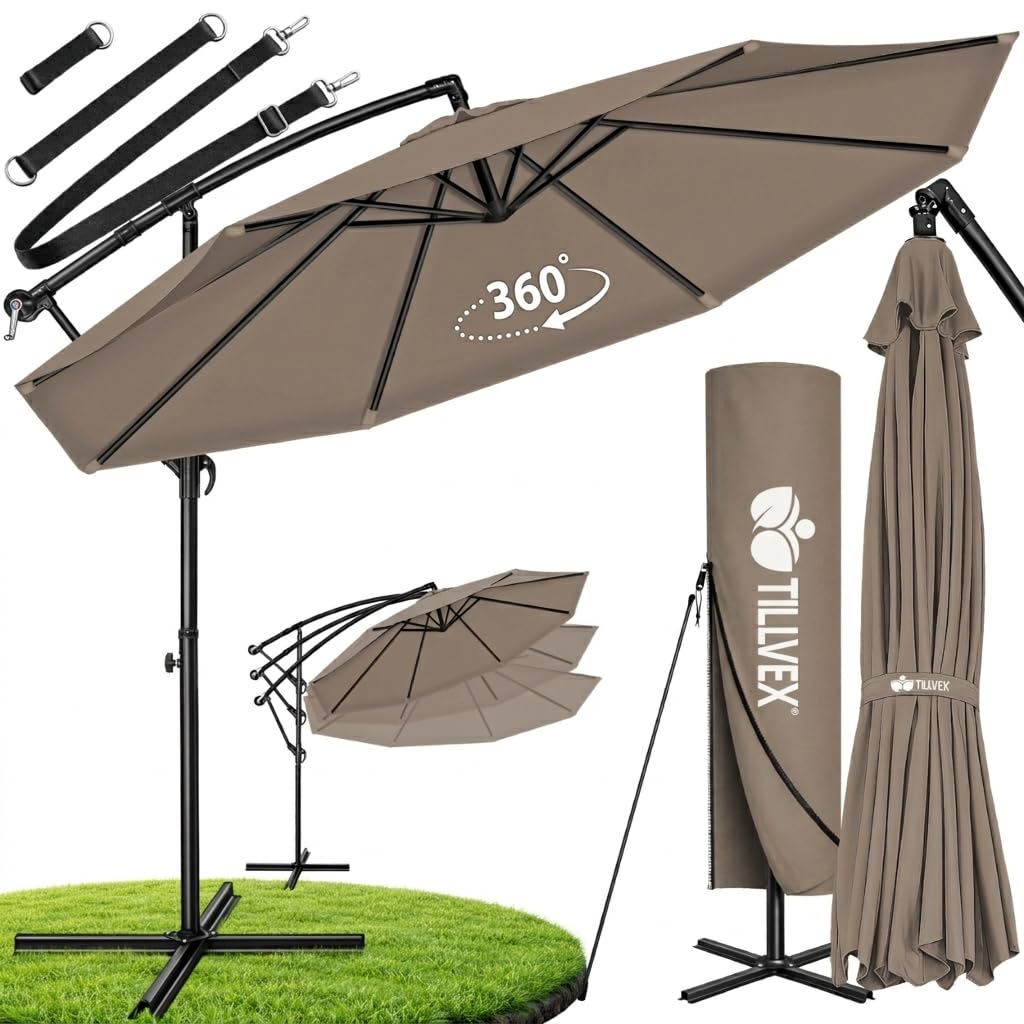 tillvex Alu Sonnenschirm + Abdeckung Ø 300 cm mit Kurbel | Ampelschirm mit Ständer & Windschutz | Gartenschirm UV-Schutz Aluminium | Kurbelschirm wasserdicht 360° drehbar