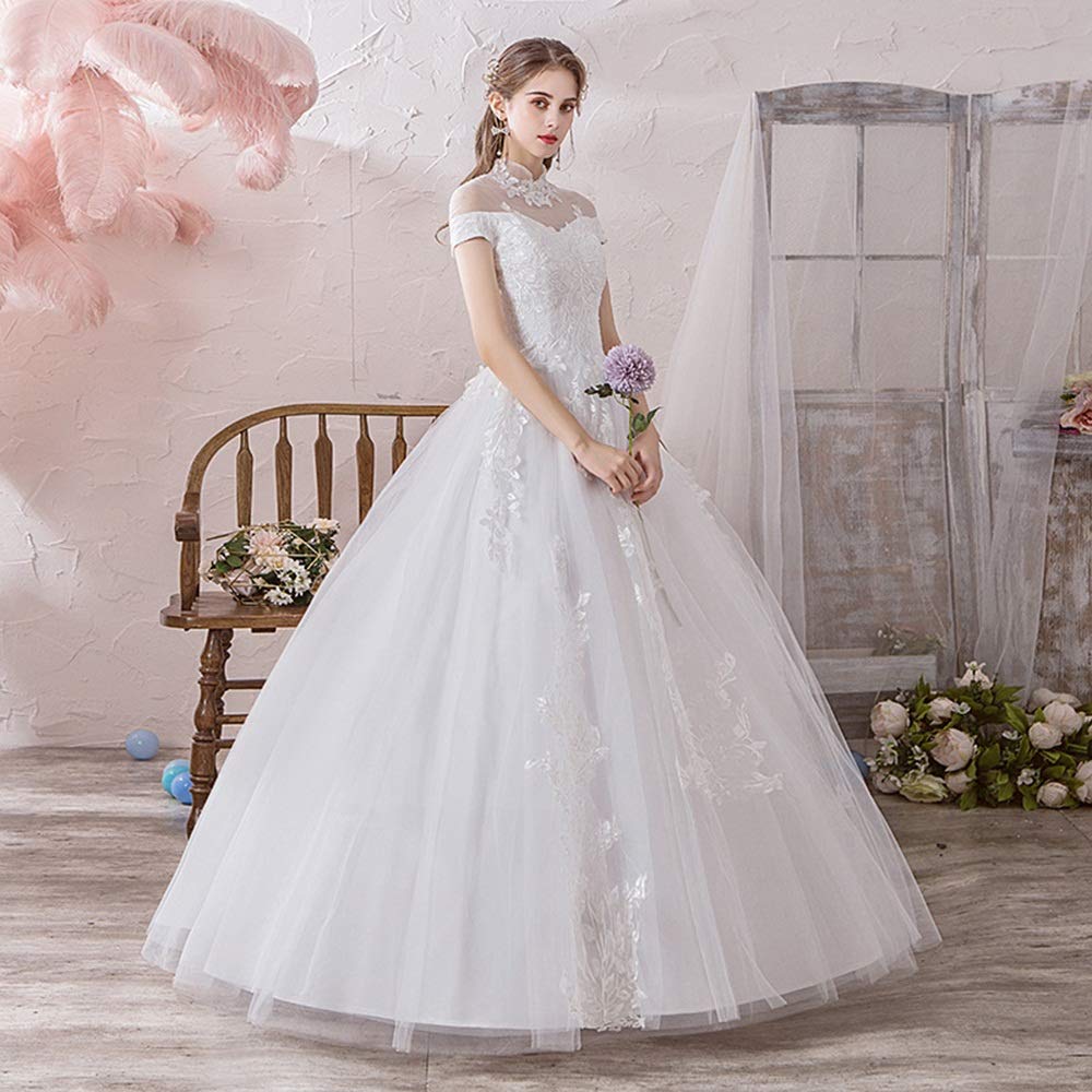 Vestido de novia elegante con cuello alto para mujer, largo hasta el suelo, falda esponjosa, bordado de noche, vestido de fiesta, bonito vestido (color: blanco, talla: extragrande) (blanco XL)