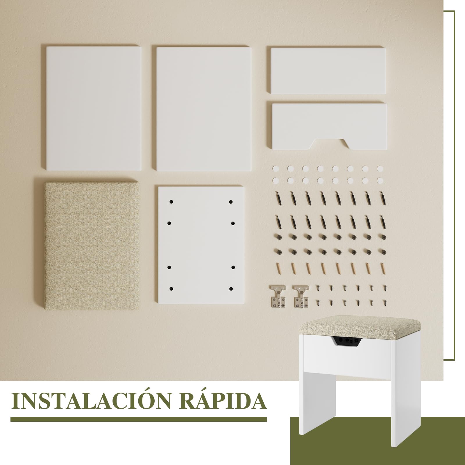 TRIUMPHKEY Taburete de Tocador con Almacenaje, Taburetes de Maquillaje, Silla Tocador de Maquillaje para Dormitorio, Reposapiés con Almohadilla Taburete Tapizado Moderno, Blanco