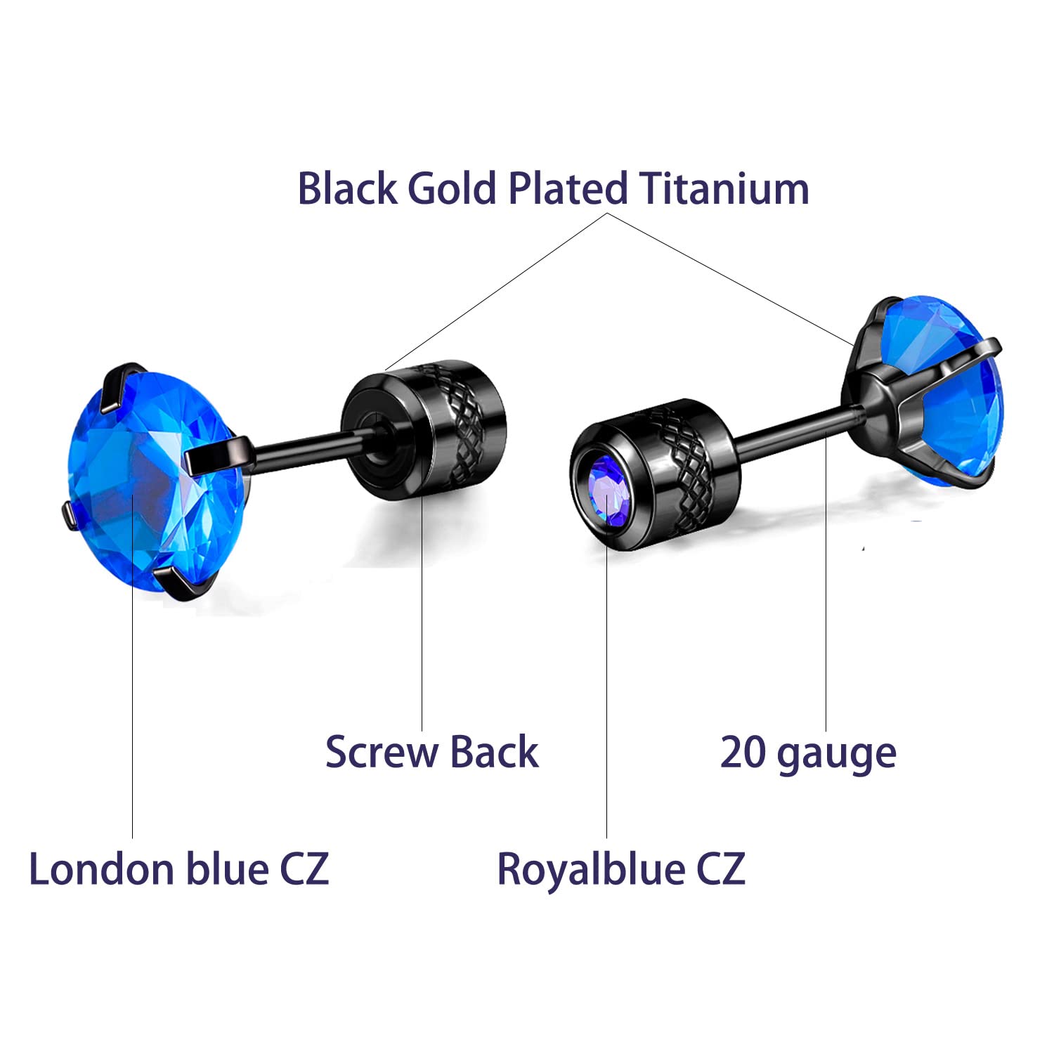 5 pares de aretes de acero inoxidable 316L con parte trasera plana, aretes de circonita cúbica de titanio para mujeres y hombres, Mediana, Titanio, Circonia cúbica 8
