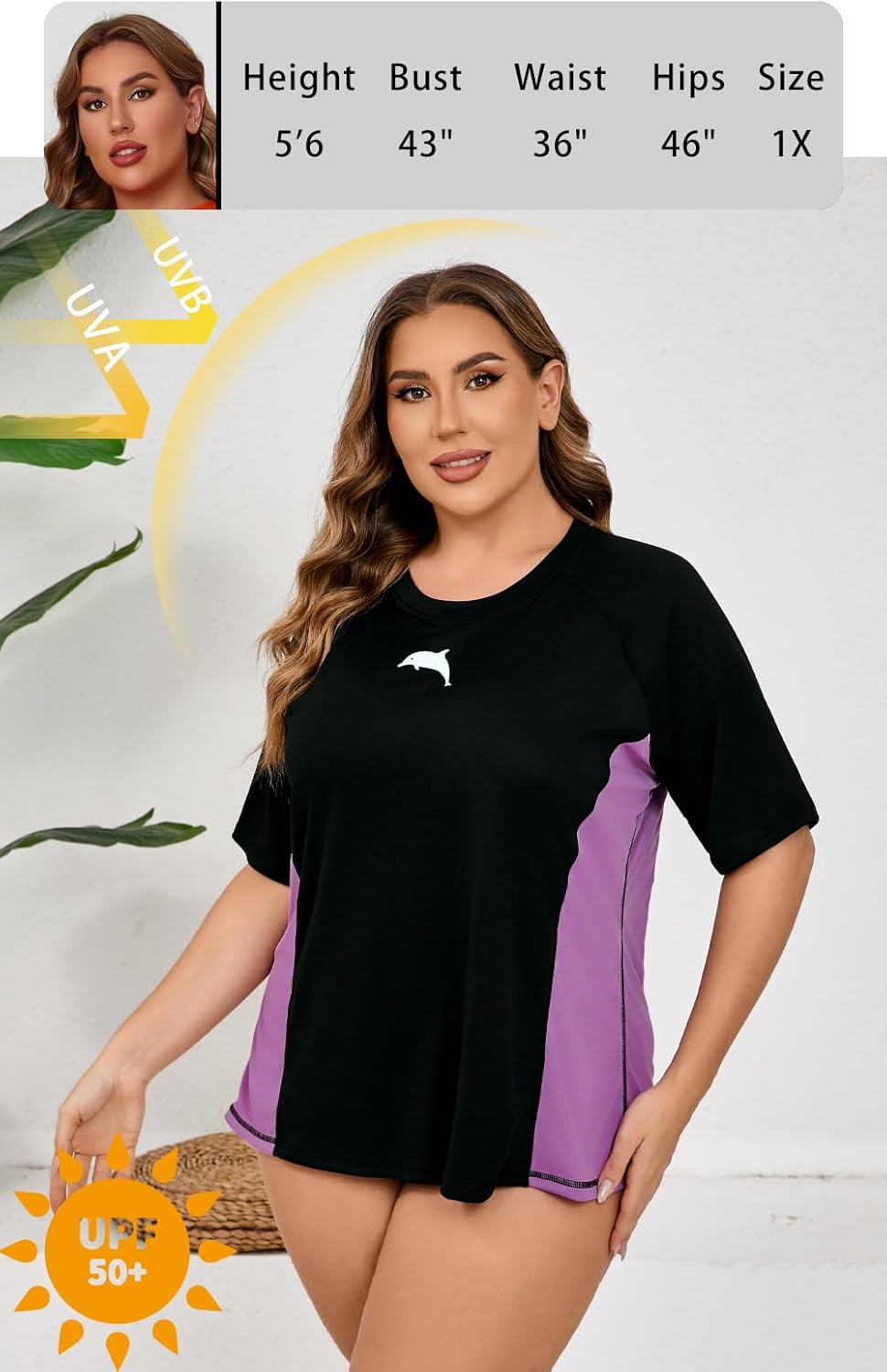 Halcurt Women's Plus Size Short Sleeve Rash Guard Swim Shirt with Built in Bra UPF50+ Lightweigt Swimsuit Top