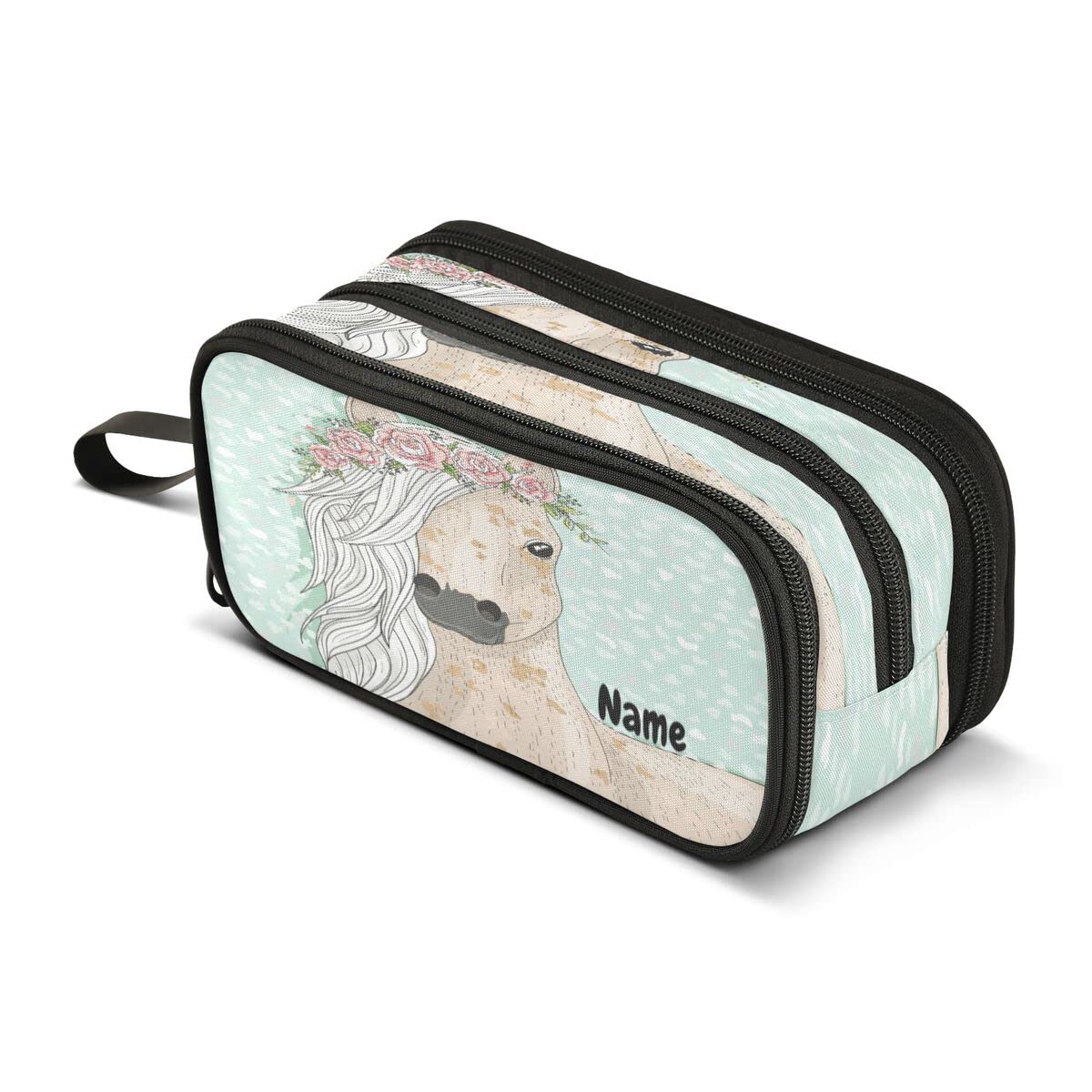 Custom Pencil Case Horse with Flowers Pencil Case 3 Compartment Pen Bag Pouch Holder Box School Portable Stationery Storage Bag for Girls Boys