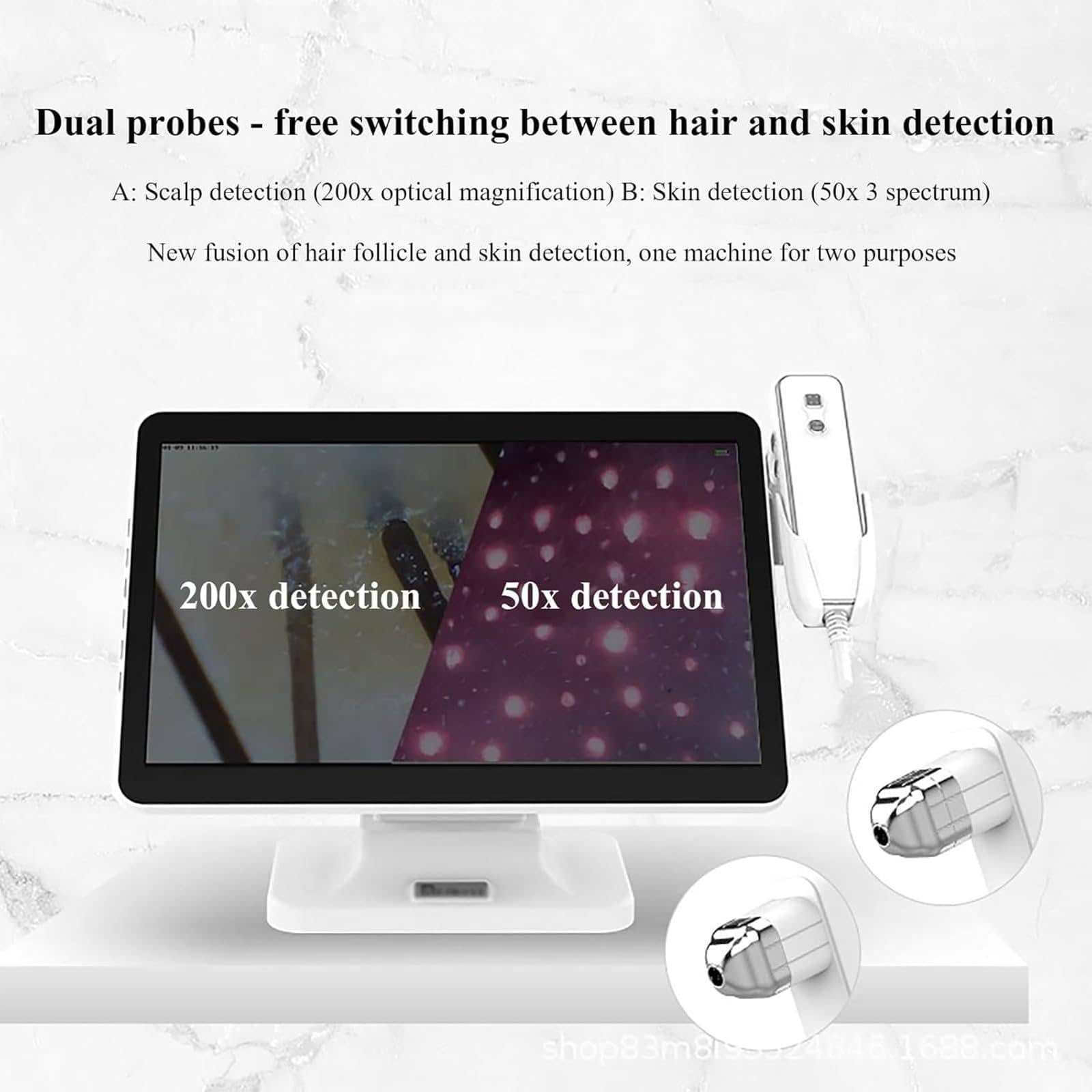 Detector De Cuero Cabelludo Inteligente Con Pantalla 14,1 Pulgadas Con Sondas Duales De 200x Y 50x, Detector De Piel Facial De Alta Definición (4 Espectros), Análisis De 360°