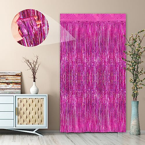 Image of Rose Pink Party Streamers 2 Pack Glitter Foil Fringe Curtain 3.3 x 8.3ft Pink Party Decor Photo Booth Streamers Metallic Tinsel Door Streamer for Christmas Baby Shower Halloween Decorations