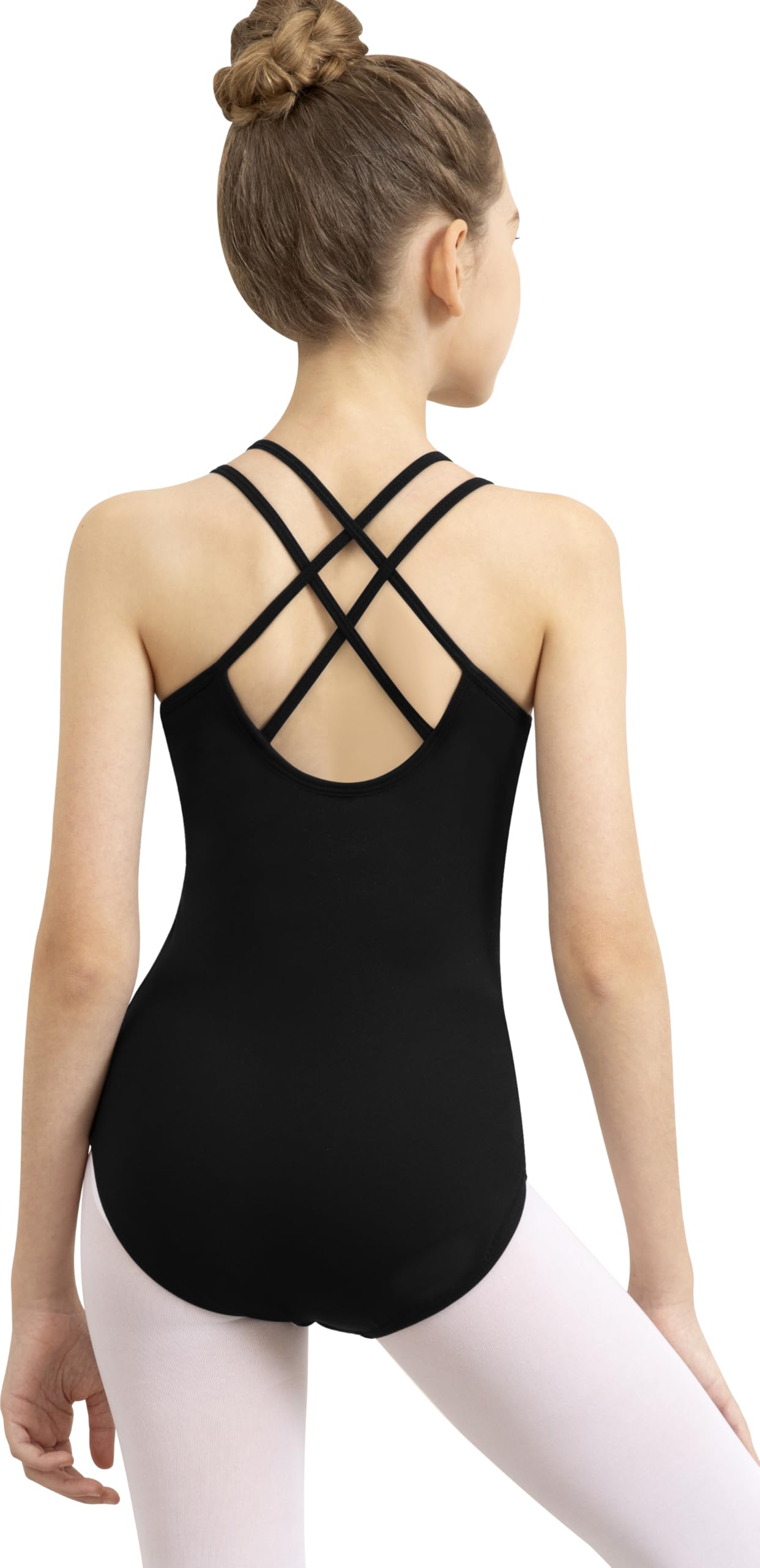 Maillot de danza para niñas, malla de ballet, tirantes cruzados, forro frontal completo