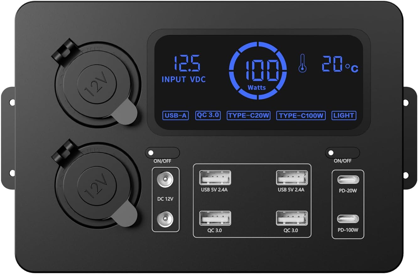 fangzi Mini Power Box,Mini Power Box, 12V 100W LCD Display Power Box with LED Lights, USB-C & QC3.0 Ports, Portable Control Hub for RVs, SUVs, Boats, Yachts, Cars