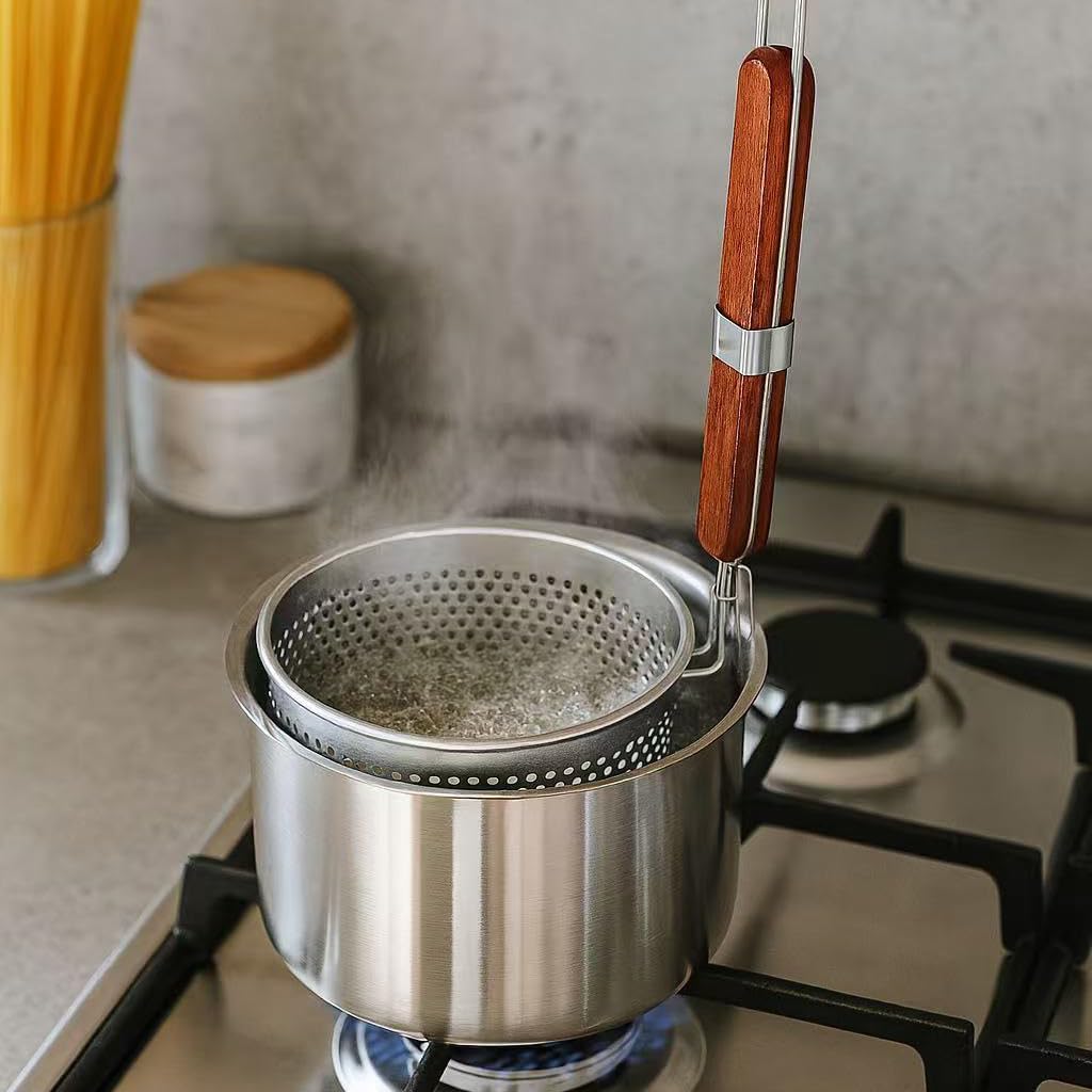 Mesh Pasta Basket Food Strainer Insert For Pot, Colander with Round Wooden Handle Stainless Steel Mesh Spider Strainer for Pasta Noodles Dumpling Vegetable