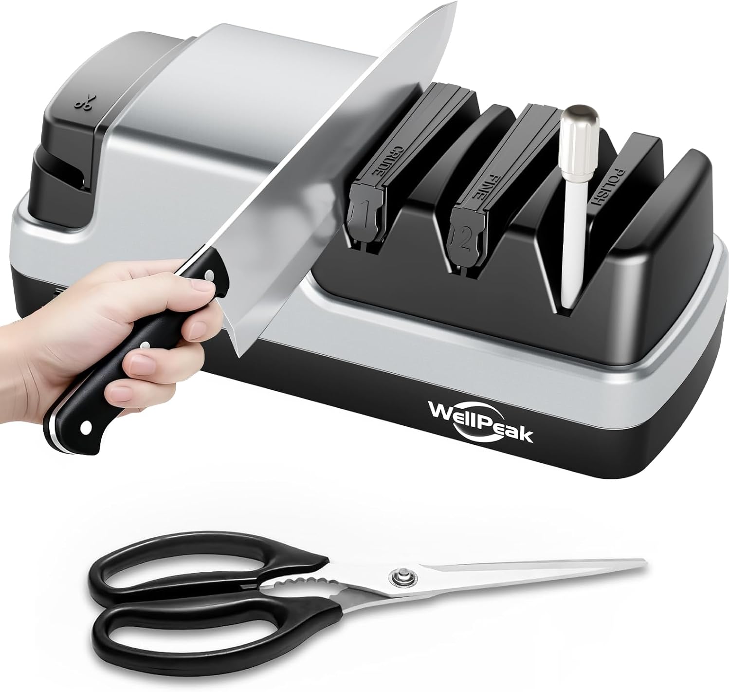Multifunctional 4-Stage Electric Knife & Scissor Sharpener, Diamond Abrasive for Straight Edge Chef Knives, Detachable Ceramic Hone Rod for Serrated Knives Polishing