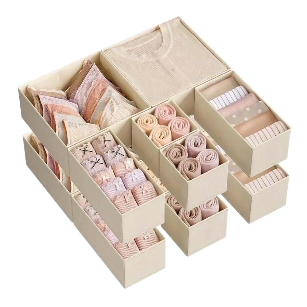 Set di organizer per biancheria intima pieghevole, 6/12 pezzi, scatole rigide per reggiseno, calzini, organizer per vestiti per cassetti/armadi (12 pezzi, beige)