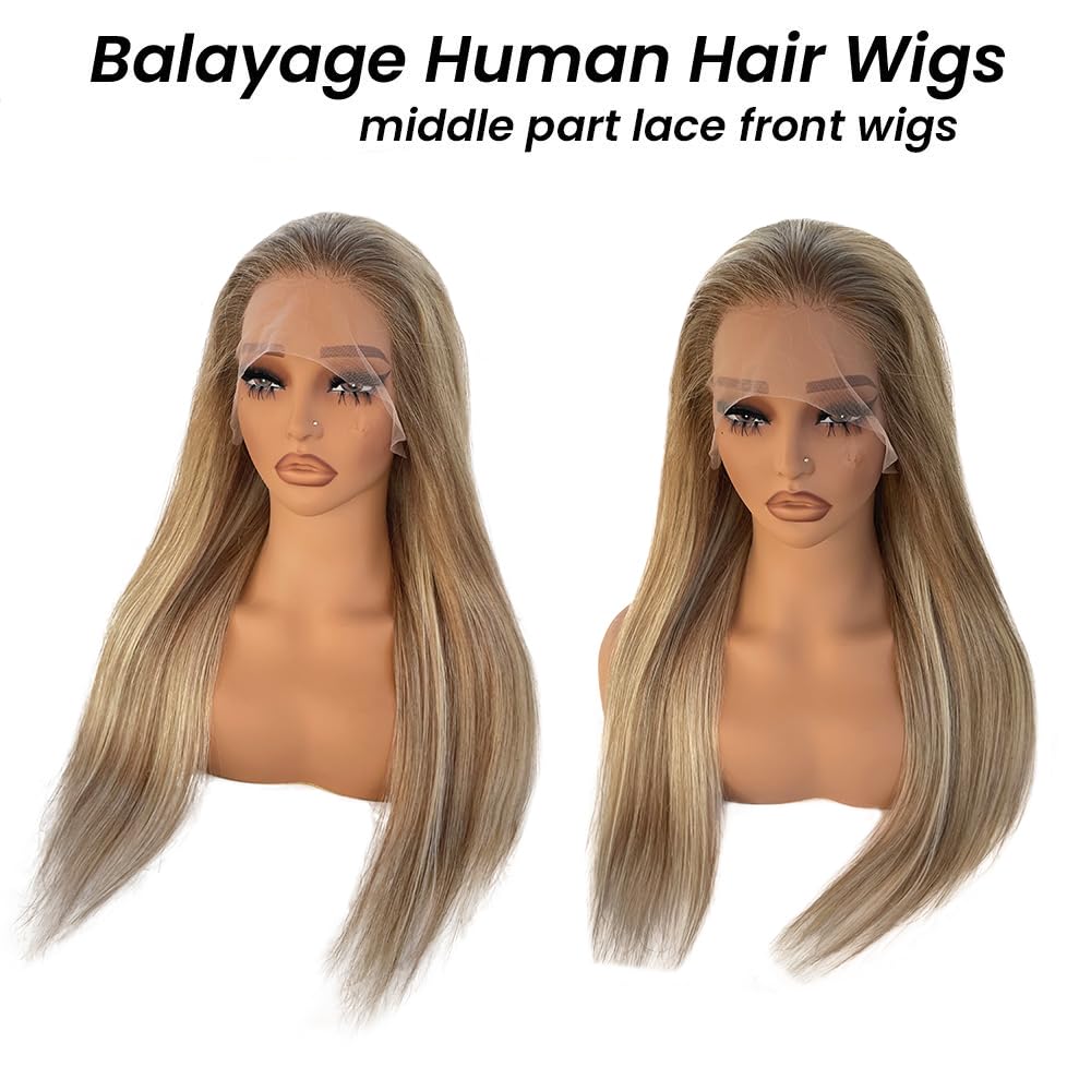 Ombre Blonde Wigs with Light Brown Roots 20Inch Balayage Platinum Blonde Human Hair Highlight 13x4 HD Lace Front Pre Plucked Glueless 150% Density Highlights 18/60 Ash Blondes Virgin Hair Wigs