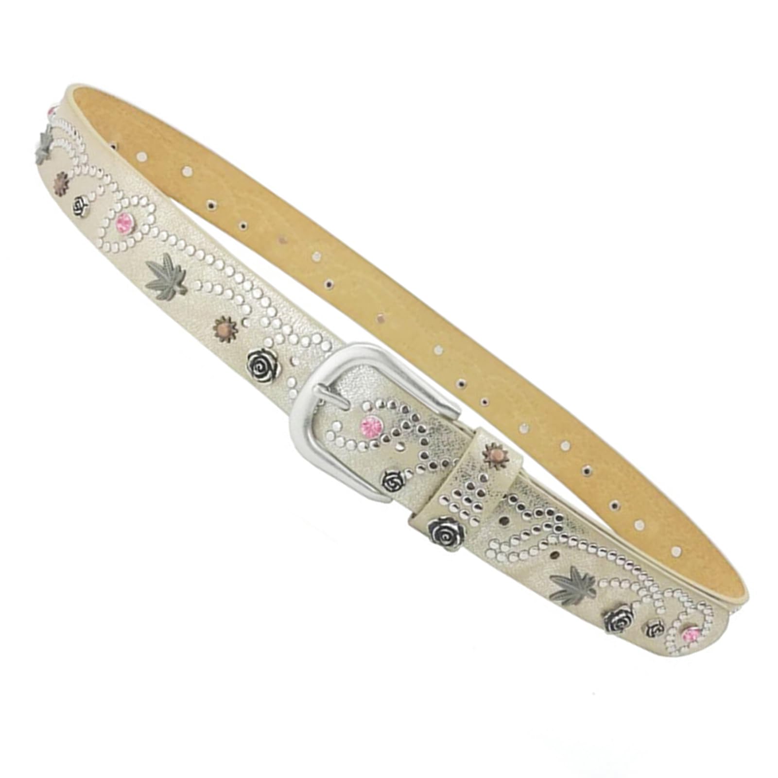 Mujeres Tachonado Cinturón De Cuero Brillante Rhinestone Flores Hojas Remache Decoración Hebilla Ajustable Classic Jeans Cinturón(110cm/waist:36"~38", Gold)