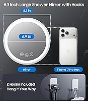 Vista 3 de Espejo de ducha iluminado con aumento 3X, sin niebla para afeitar, 5000 mAh, recargable, de 8.3 pulgadas, con calefacción, sin niebla, espejo