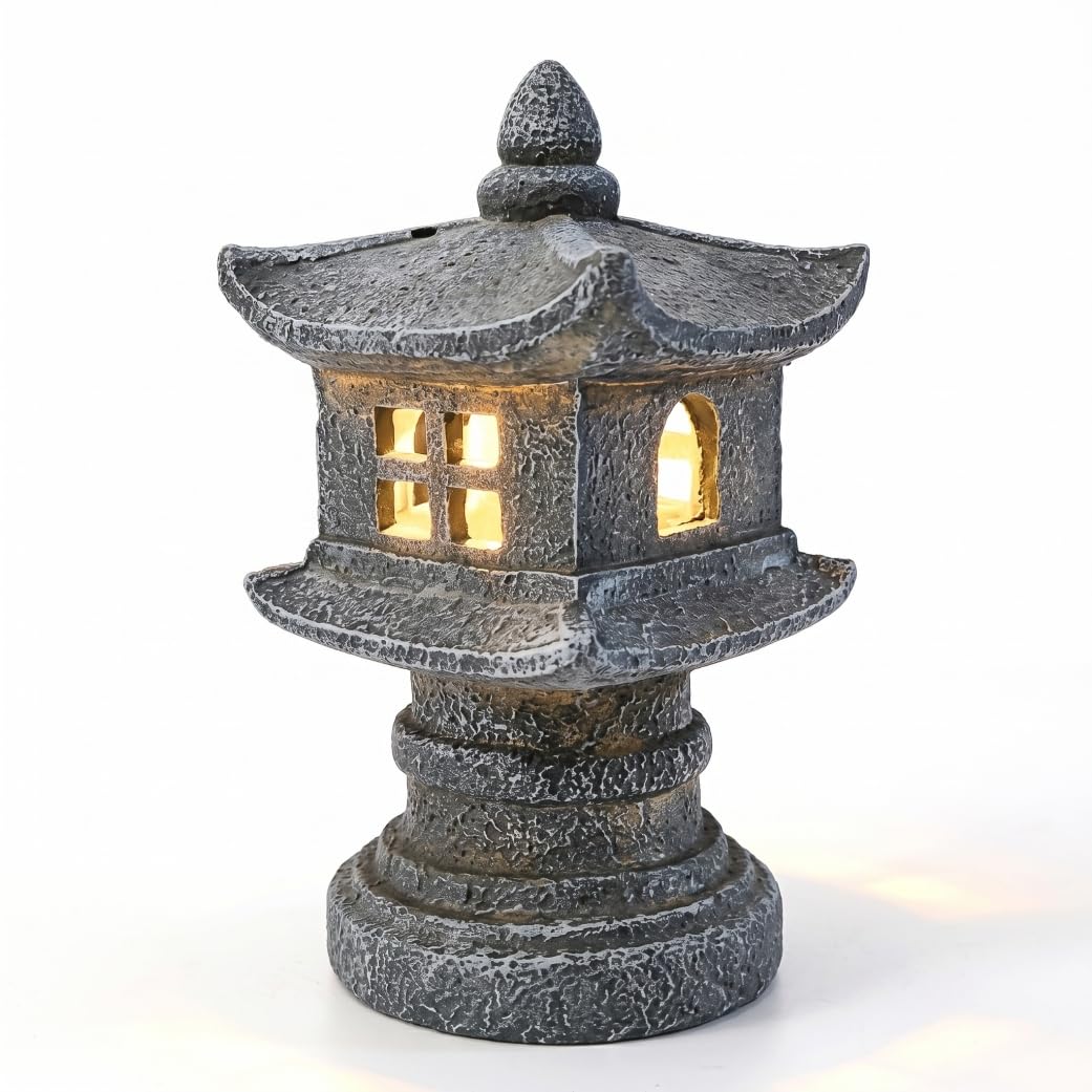 Striegro Pagoda Garden Statue, Japanese Pagoda Lantern Solar Garden Statue - Waterproof Resin Outdoor Lawn & Patio Decor (gray)..