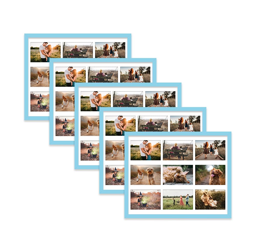 Light Blue Multi Photo Frame - Holds 9 x 6x4 Pictures, Family Collage Picture Frame for Wall Display, 20x16 Frame size, Set of 5