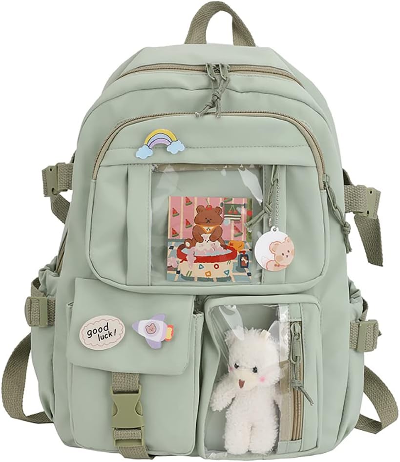 Kawaii Backpack with Pendant, Large Capacity Cute Bear Accessories Backpack for School Multi Pocket Rucksack for Teen Girls Cute Kawaii School Backpacks