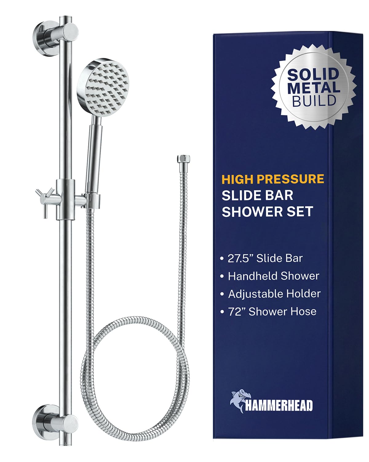 HammerHead Showers® ALL METAL 27.5 Inch Shower Slide Bar Set and Handheld Shower Head with Hose — CHROME — 2.5 GPM High Pressure Spray Wand — Easily Adjust Height & Angle of Handshower
