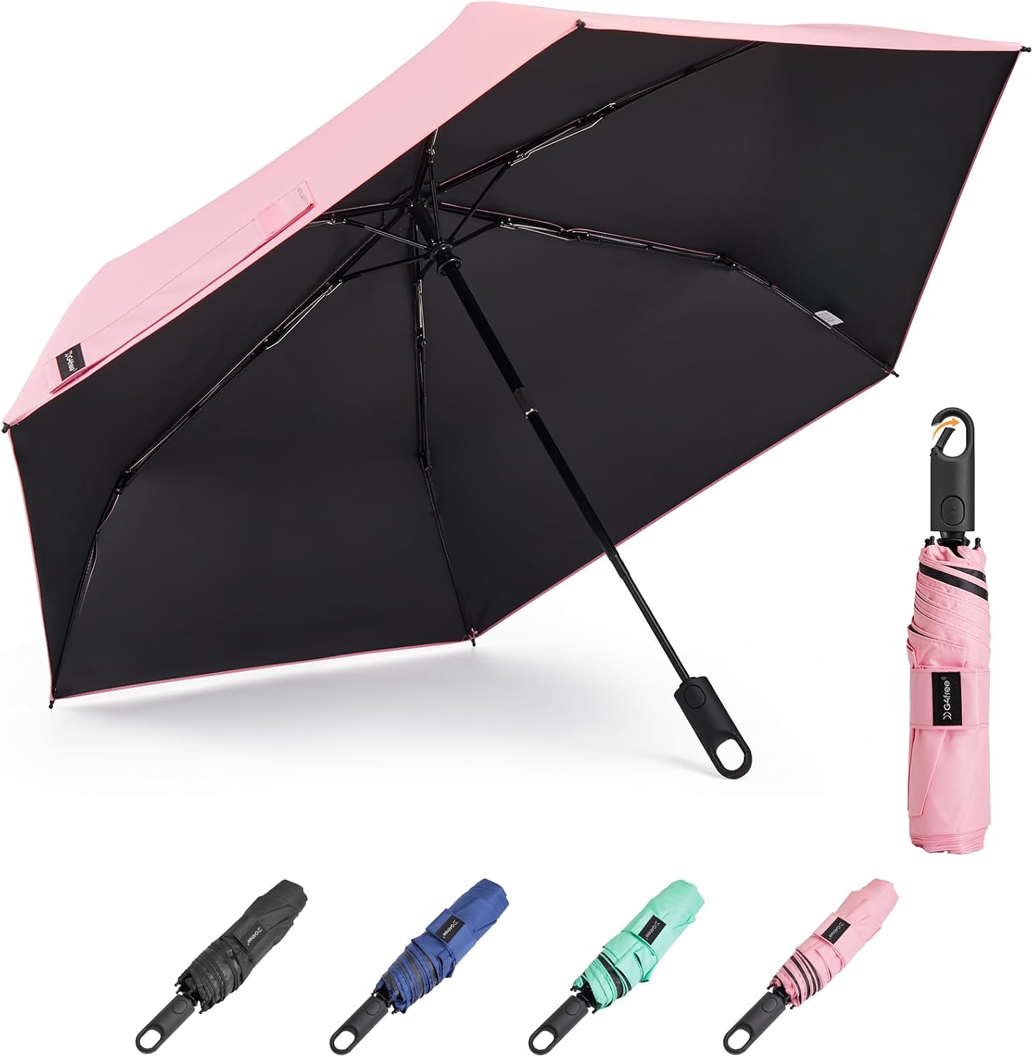 G4Free 43.3 Inch Travel Umbrella with Ring Buckle Compact Small UV Umbrella | UPF 50+ Black Coating, Lightweight Travel Size Umbrella for Backpack, Car, Commuting, Auto Open/Close, Handy Carabiner Handle