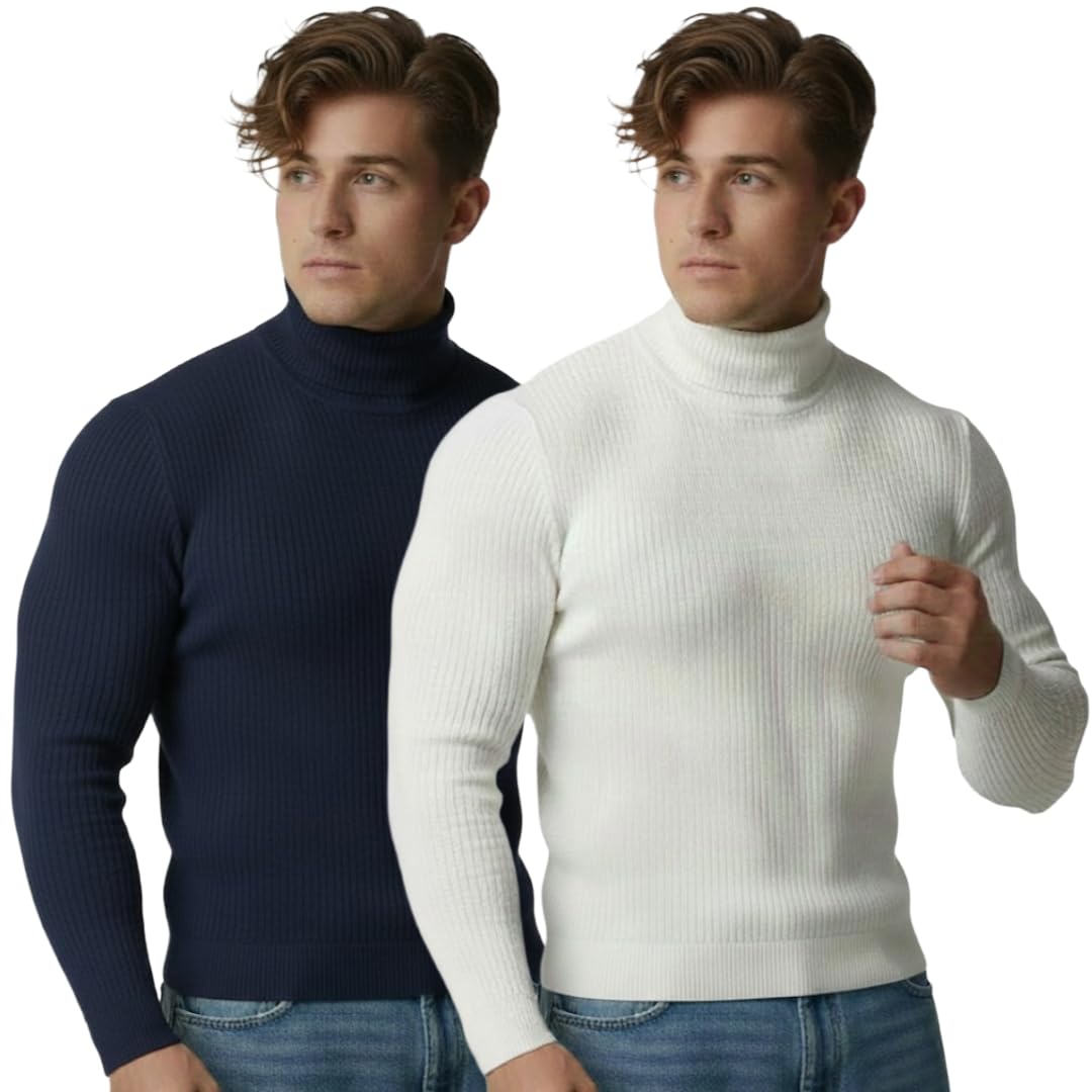 Men Highneck Winter Sweater | High Neck for Mens | Full Sleeve Ribbed Turtleneck Pullover | Warm Winter Wear High Neck Top | Stylish Solid Slim Fit Highneck-Pack of 2