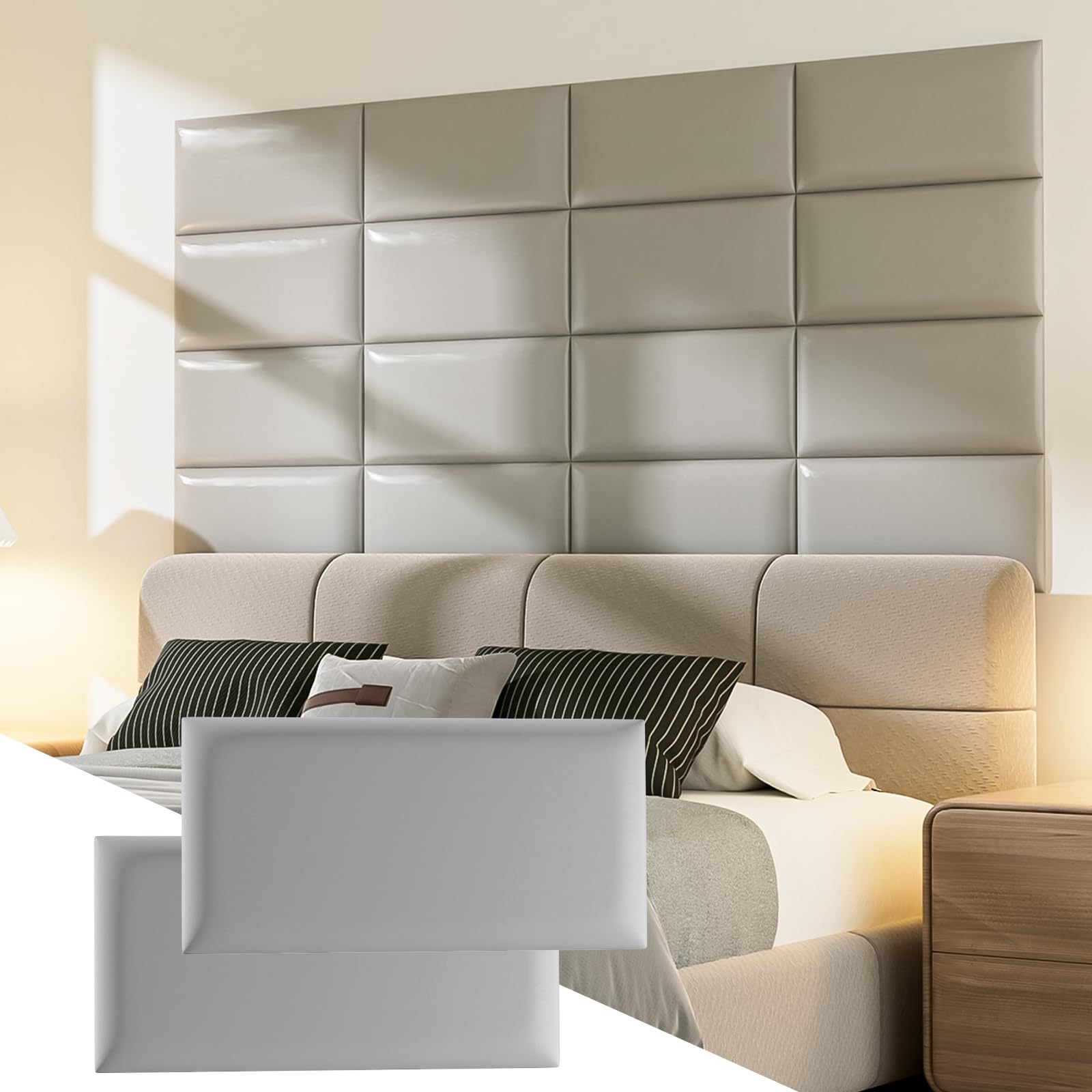 Elvone Upholstered Headboard Panels, 6 Panels Sized 7.8" x 15.7" Peel and Stick Padded Wall Panels for Kids, 3D Anti-Collision Wall Mounted Bed
