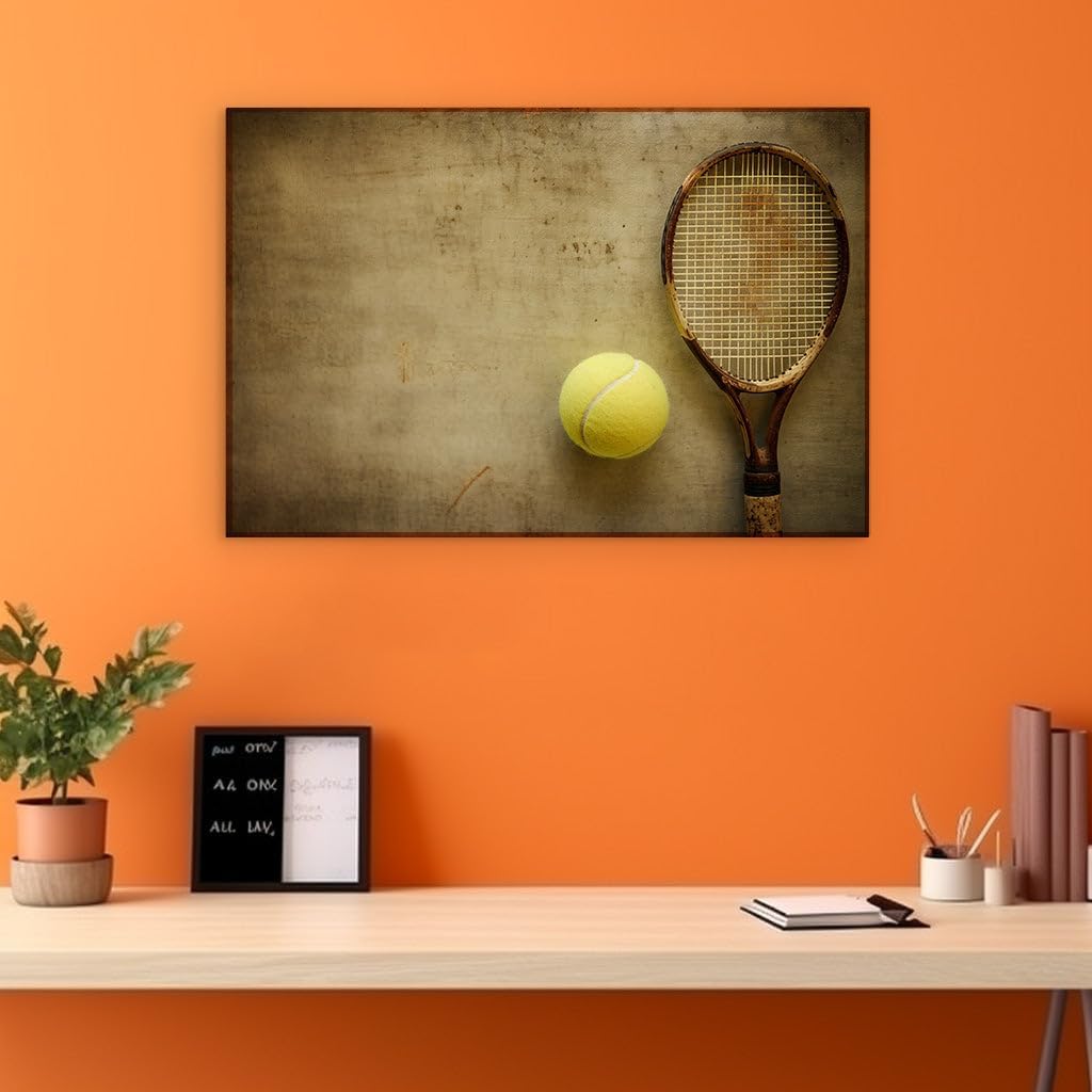 Canvas for Living room. Reviving the Game: A Nostalgic Still Life with a Vintage Tennis Racket and Ball, 27 x 18 inch Canvas Wall Art - Contemporary Masterpieces - Retro Home Decor