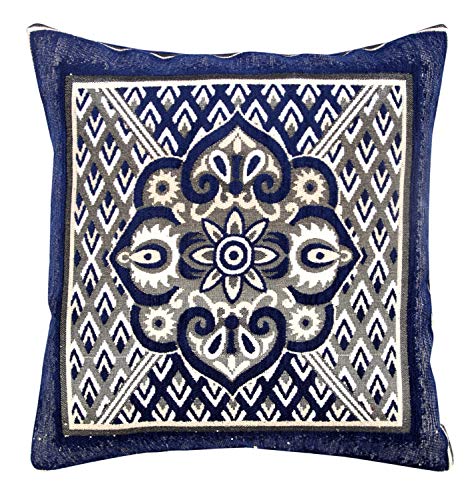 Image of Nendle Jacquard Weaved Decorative Velvet Cushion Cover /Sofa Pillow Cover 500 TC Set Of 5 Pieces (Navy Blue, 16X16 Inches)