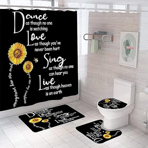 4Pcs Flowers and Quotes Shower Curtain Set with Non-Slip Rugs and Toilet Lid Cover Sunflower Inspirational Words Fabric Shower Curtain Bathroom Decor with Hooks Waterproof Washable 72" x 72'' Cover