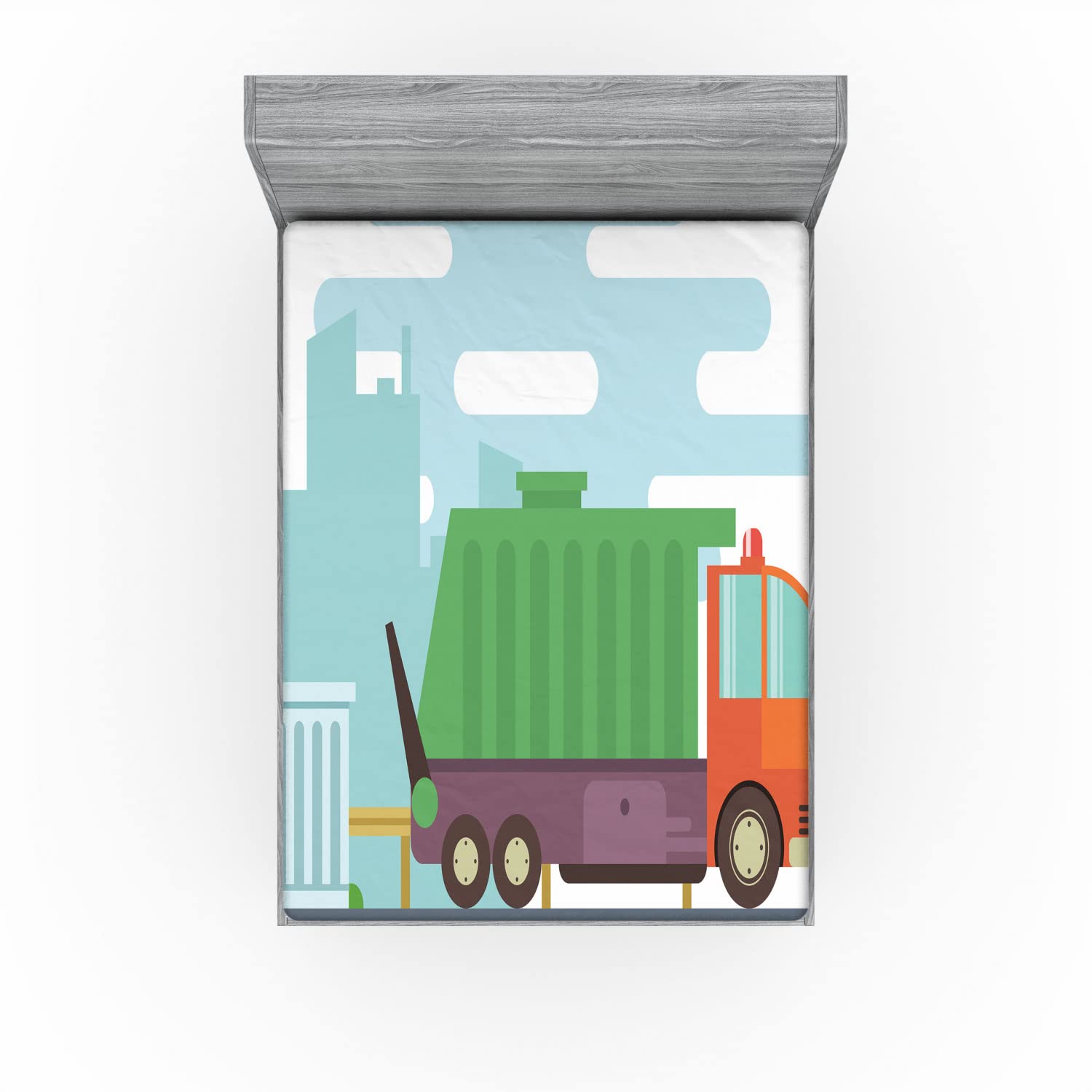 Ambesonne Garbage Truck 2 Pack Fitted Sheet, Container on Road, Bed Cover All-Round Elastic Deep Pockets 2 Pieces, Package Contains 2 Queen Size Fitted Sheets, Orange Green