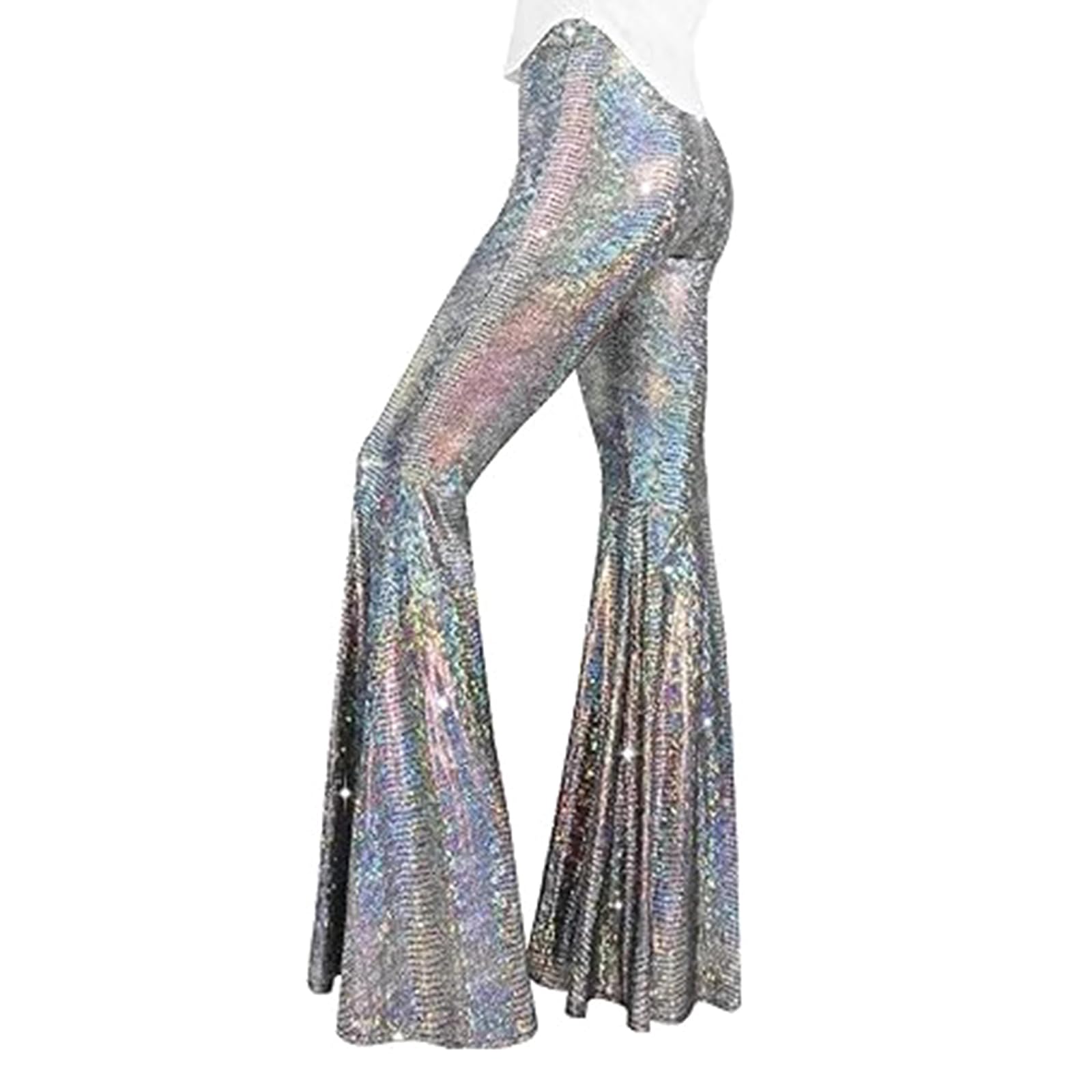 DLUKENY Women Sequins Pants Sparkly Glitters High Waist Wide Leg Flared Trousers Bells Bottom Night Out Clubwear Womens Sequins Flares Pants