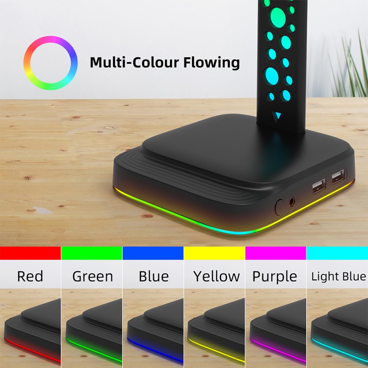 Mikinona Soporte para Auriculares para Escritorio con Luces RGB Ajustables y Concentrador USB, Diseño ABS Compacto para Gaming y Oficina