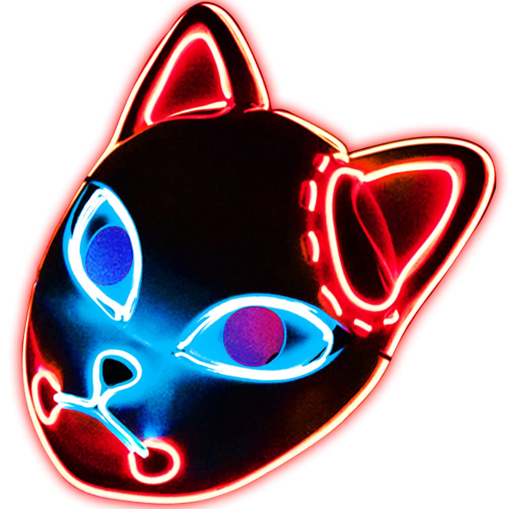 Demon Slayer Mask Halloween LED Mask with(10 Luminous Tattoo Stickers)Cosplay LED Light Up Fox Mask - Japanese Anime Mask for Halloween Carnival Gifts, Masquerade accessories Red White, Anyone