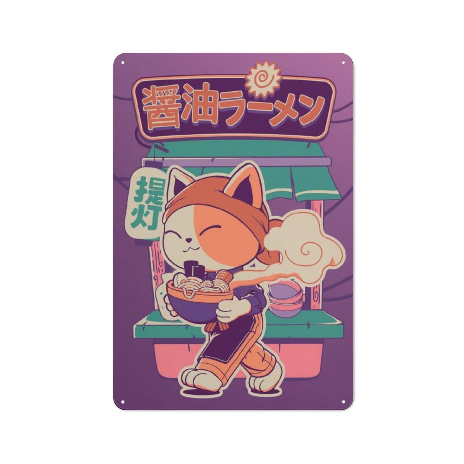 Junmoney Neko Eating Ramen Retro Metal Sign With Design 30X20cm, Weathered Look Shed Wall Plaque For Garage, Workshop, Shed Or Utility Room