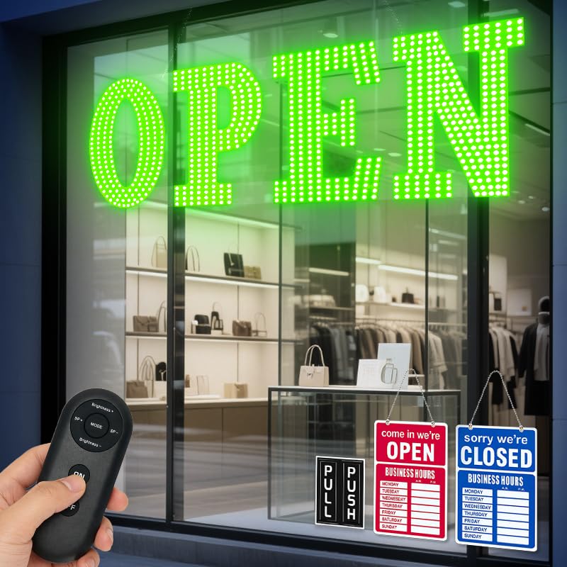 Image of 30 inchx10 inch Large LED Open Sign for Business - Unique Design super Bright Open Signs With chain - High Visibility for Stores, Bar, Hotel, Retail Shops,Window, Salon, Restaurant, Office (Green, 30*10inch)