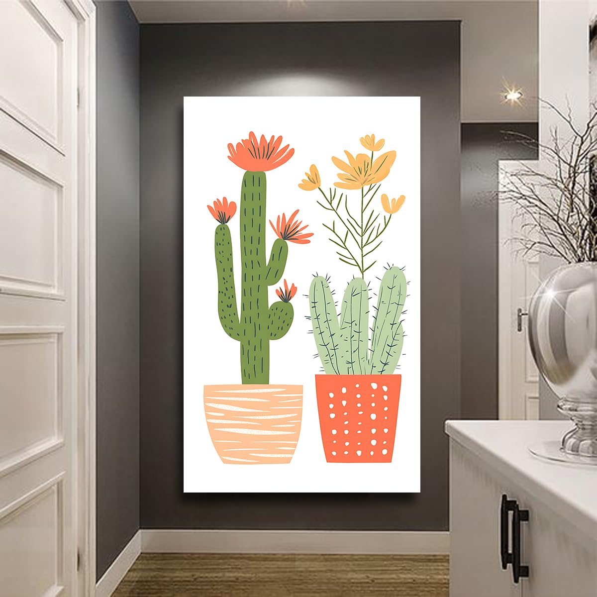 CHERHERART Obraz na płótnie kaktus minimalistyczny design sukulenty roślina dekoracja ścienna boho plakat botaniczny do salonu sypialni przedszkola 40 x 80 cm obraz wewnętrzny