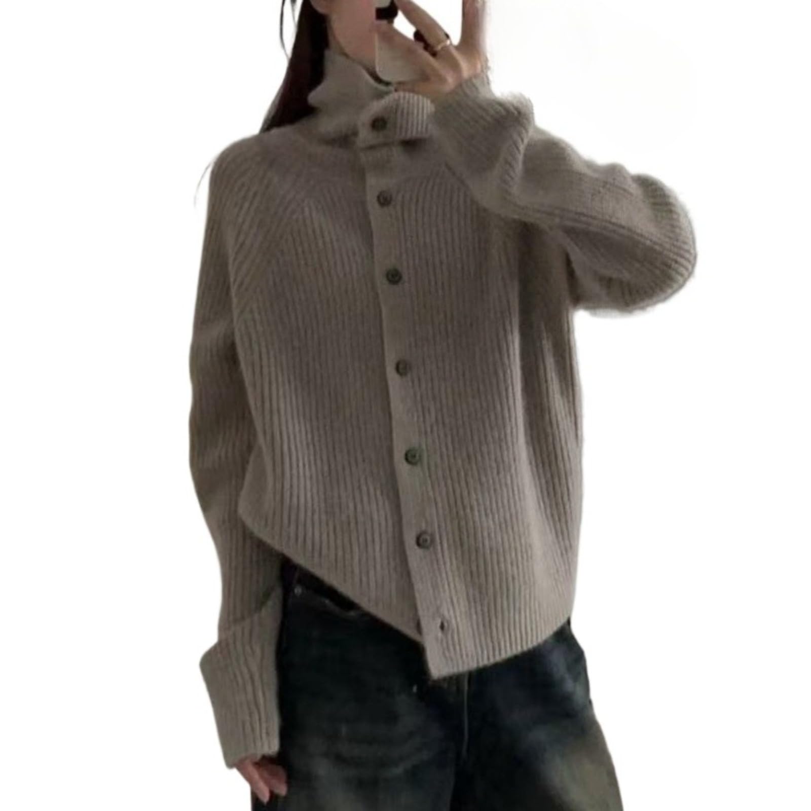 Womens High Neck Button Down Knit Sweater Oversized Ribbed Cardigan Casual Warm Long Sleeve Pullover Top