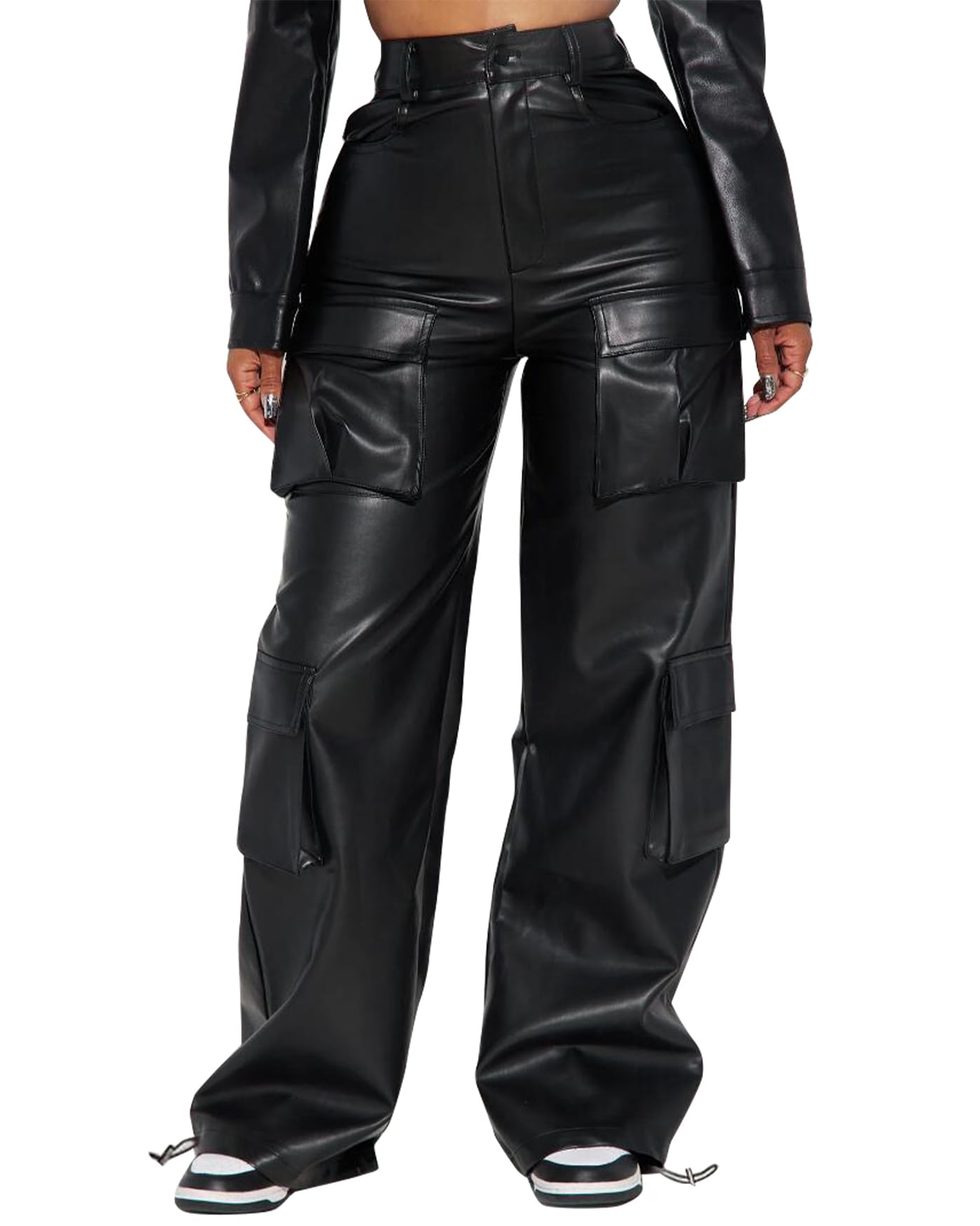 Women Black Faux Leather High Waisted Straight Leg Leather Business Pant Trousers X-Large