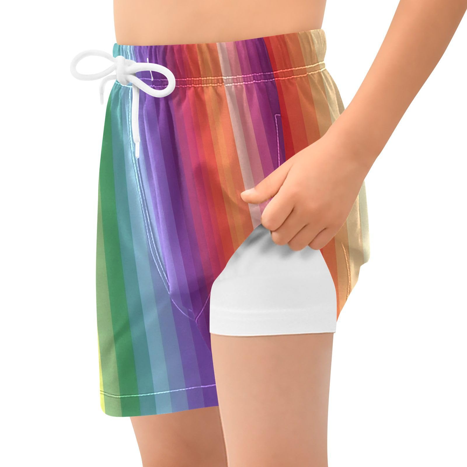 YANENDIE Boy Swim Trunks with Compression Liner Vertical Rainbow Stripe Boys Swim Shorts Quick Dry Beach Shorts