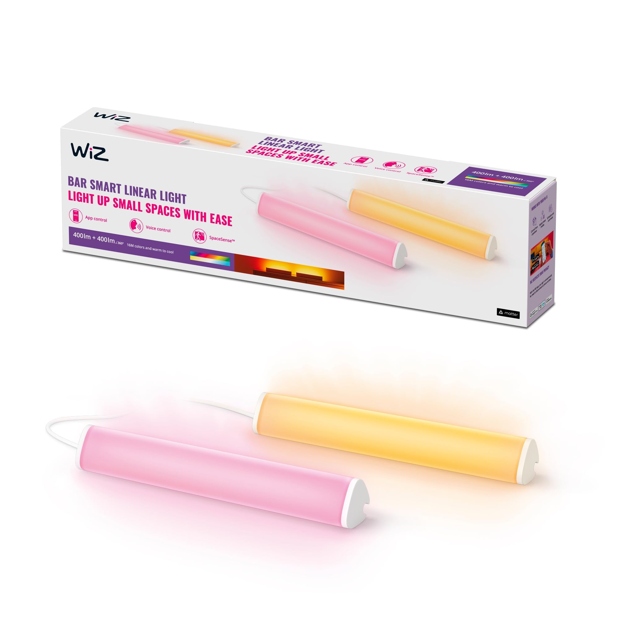 WiZ Barra Luminosa da Tavolo Smart WiFi, Luce Bianca e Colorata, 5.5W, Bianco, Tecnologia SpaceSense, Controllo Vocale (Alexa, Apple HomeKit, Google Home), pack da 2