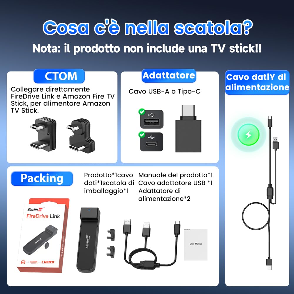 Carlinkit Fire DriveLink Adattatore HDMI - converte CarPlay per Fire TV Stick Streaming, ingresso HDMI per Netflix, YouTube, TikTok e altro