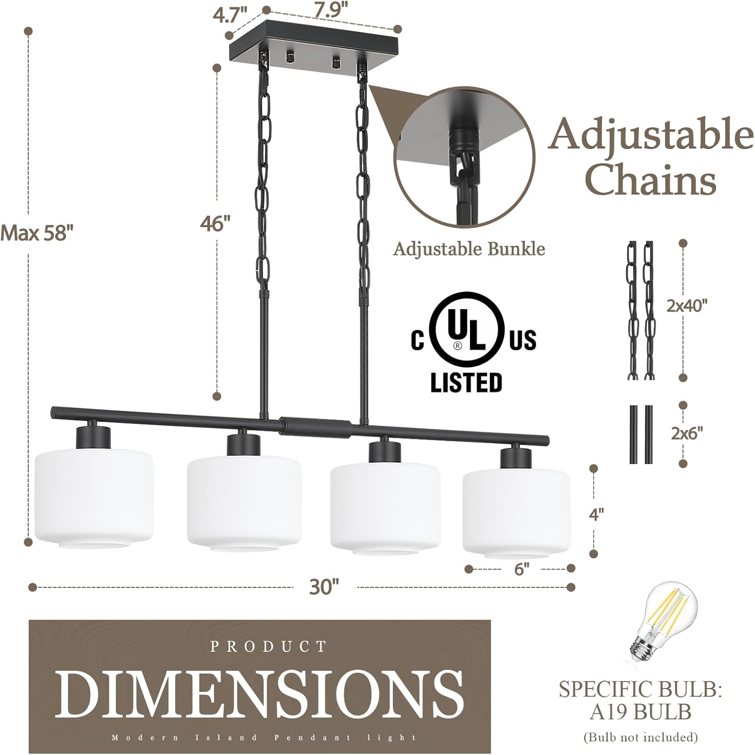 4-Light Kitchen Island Lighting, Modern Black Linear Dining Room Chandelier Light Fixtures with Milk Glass and Chain, Farmhouse Hanging Lights for Kitchen Island Dining Room, OS-YQ8153-4ISBKW
