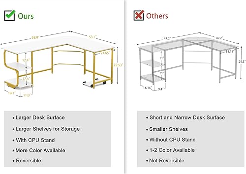Miniatura 3 de Teraves - Escritorio reversible en forma de L con estantes de esquina redonda para computadora, mesa de juegos, estación de trabajo para el hogar y