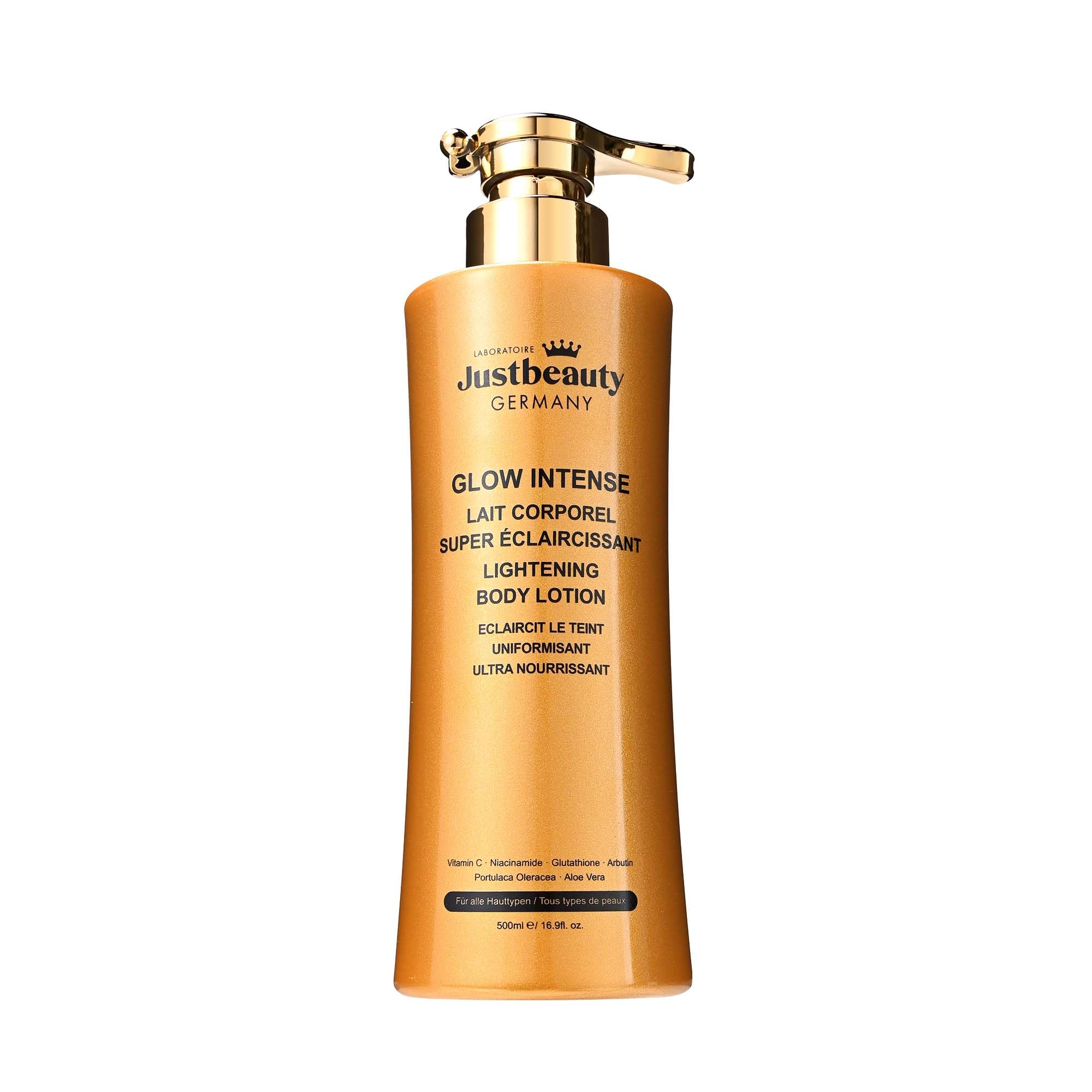 Glow Intense – Lait Corps Unifiant & Éclat 500 ml – Aide à améliorer l’apparence des taches pigmentaires et du teint irrégulier – Niacinamide, Acide Tranexamique & Alpha-Arbutine – Justbeauty Germany