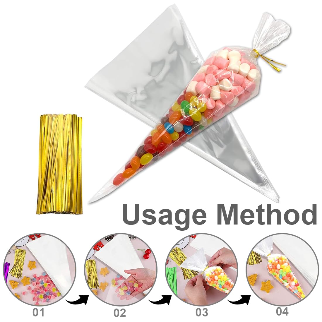 100 Sacchetti Di Cellophane Trasparenti A Cono 16x30cm + 100 Legacci Oro – Perfetti Per Caramelle, Bomboniere E Regali Fai Da Te