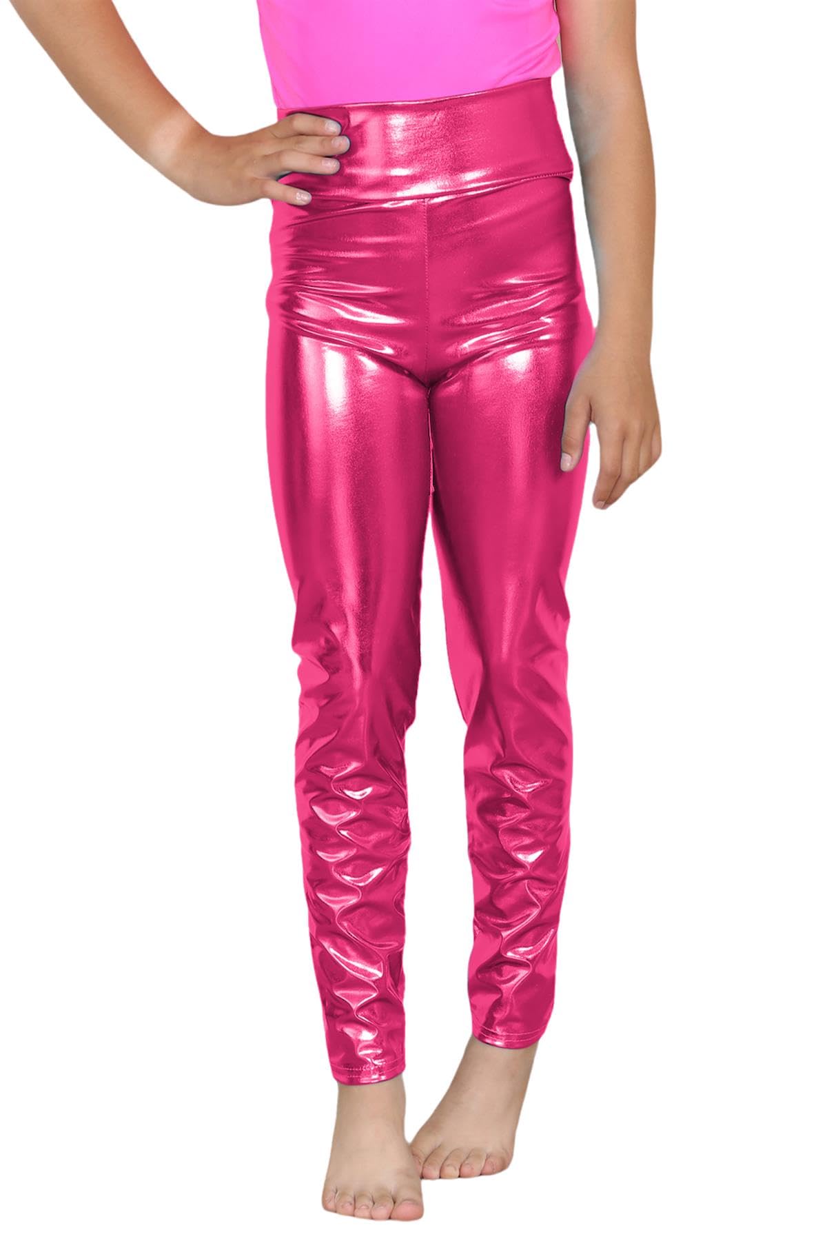 Hamishkane Girls Cerise Metallic High Waist Leggings Kids Plain Wet Look Shiny Sports Dance Party Pants