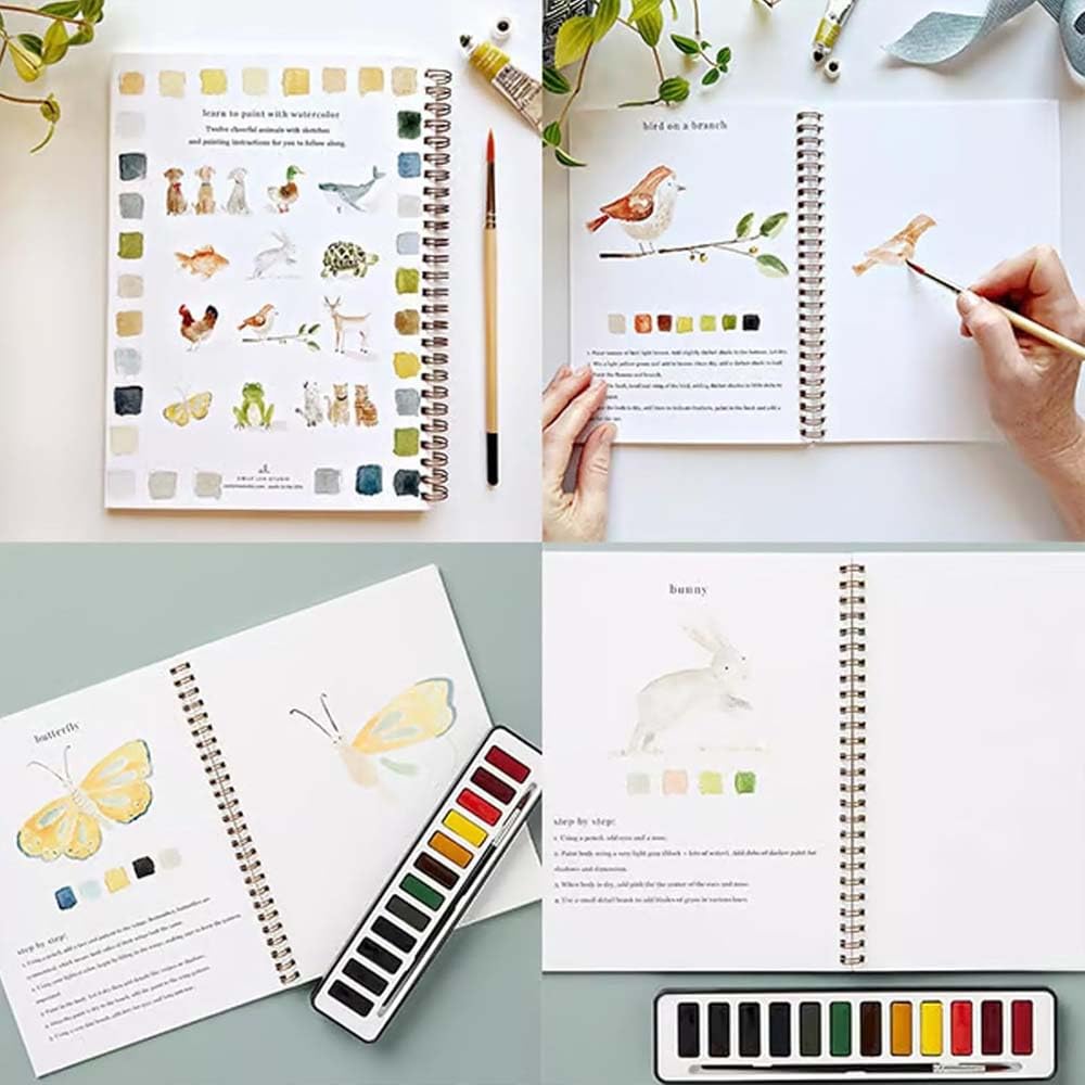 Carnet D’aquarelle Débutant Fleurs Et Animaux – 12 Couleurs Avec Pinceau, Bloc 16,5x23 Cm, Papier épais, Idéal Pour Ados Et Adultes (modèle Fleurs)